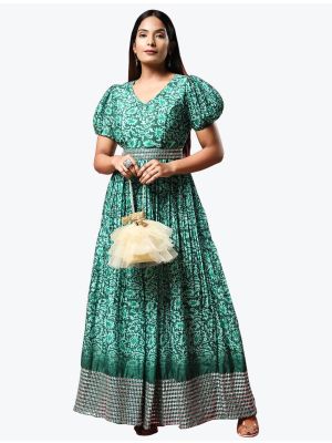 sea green organza printed maxi dress fabku20691