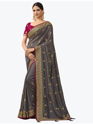 Steel Grey Art Silk Embroidered Saree With Hand Work