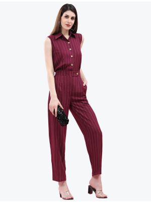 striped maroon premium viscose casual wear jumpsuit fabku20702
