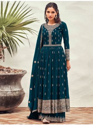 Teal Blue Faux Georgette Embroidered Sharara Suit thumbnail FABSL21274