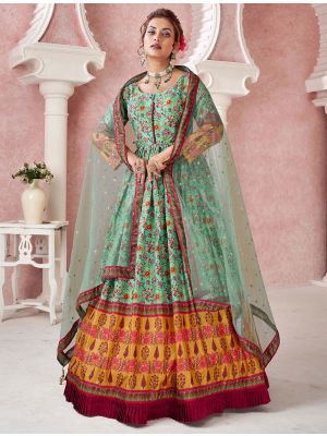 aqua green dola silk printed readymade gown with dupatta fabgo20174