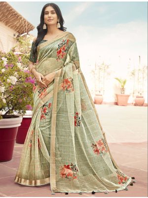 Beige Organza Party Wear Printed Saree