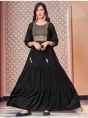 black fine rayon long kurti with multi embroidery fabku20733