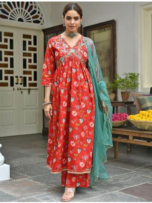 Bright Red Premium Cotton Readymade Palazzo Suit swatch FABSL21389