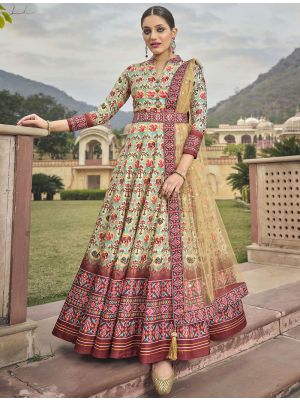 cream dola silk patola print readymade gown with dupatta fabgo20169