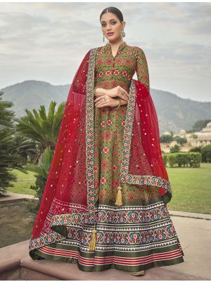 green dola silk patola print readymade gown with dupatta fabgo20165
