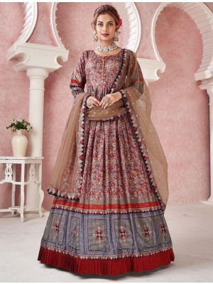 maroon dola silk printed readymade gown with dupatta fabgo20173