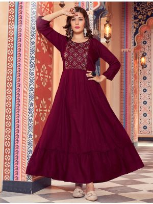 maroon fine rayon long kurti with multi embroidery fabku20726