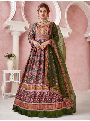 mehendi green dola silk printed readymade gown with dupatta fabgo20171