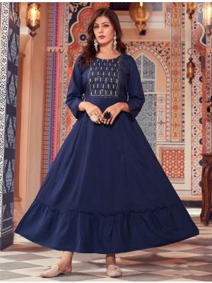 navy blue fine rayon long kurti with multi embroidery fabku20730