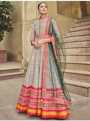 off white dola silk patola print readymade gown with dupatta fabgo20164