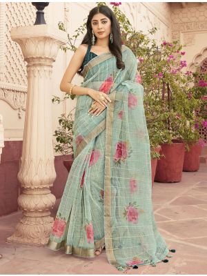Pastel Blue Organza Party Wear Printed Saree
