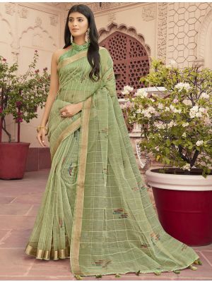 Pastel Green Organza Party Wear Printed Saree