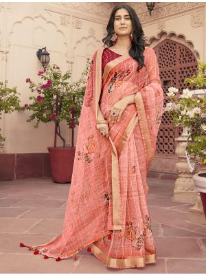 Pastel Red Organza Party Wear Printed Saree