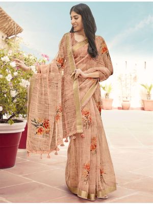 Peach Organza Party Wear Printed Saree
