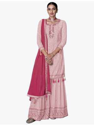 Pink Faux Georgette Sharara Suit With Thread Work small FABSL21334