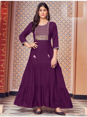 purple fine rayon long kurti with multi embroidery fabku20731