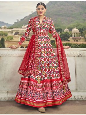 red dola silk patola print readymade gown with dupatta fabgo20167