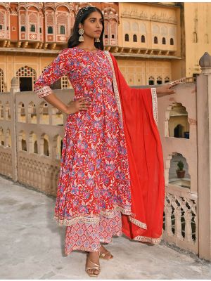 Red Premium Cotton Readymade Palazzo Suit swatch FABSL21393
