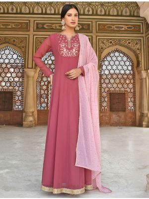 rose pink georgette readymade gown with dupatta fabgo20175