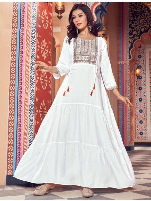 white fine rayon long kurti with multi embroidery fabku20732
