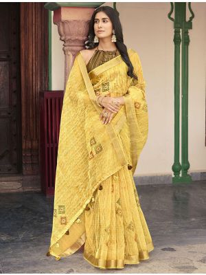 Yellow Organza Party Wear Printed Saree