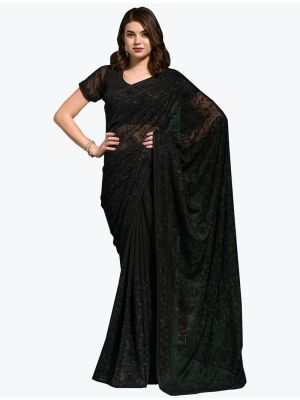 Black Blooming Georgette Embroidered Saree FABSA21983