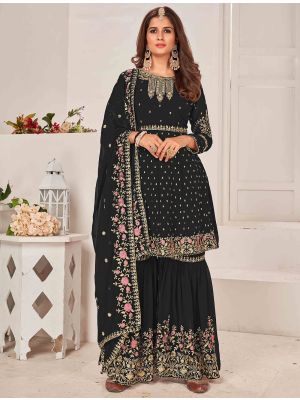 Black Georgette Sharara Suit With Multi Thread Work small FABSL21443