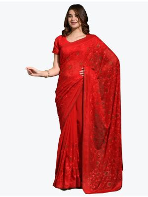 Bright Red Blooming Georgette Embroidered Saree FABSA21982