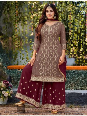 Brown Georgette Embroidered Palazzo Suit small FABSL21399