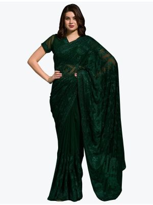 Dark Green Blooming Georgette Embroidered Saree