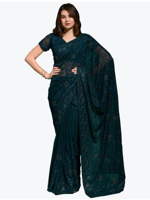 Dark Teal Blooming Georgette Embroidered Saree