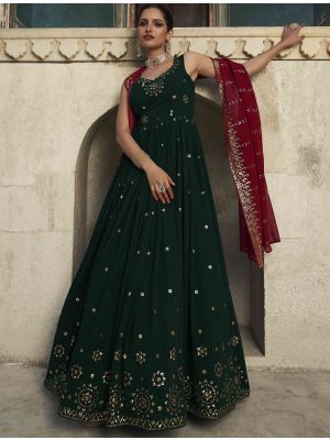 deep green pure georgette designer gown with dupatta small fabgo20189