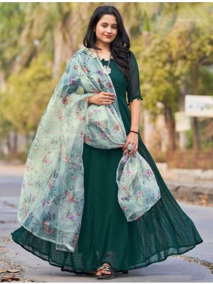 green faux georgette readymade gown with dupatta fabgo20181