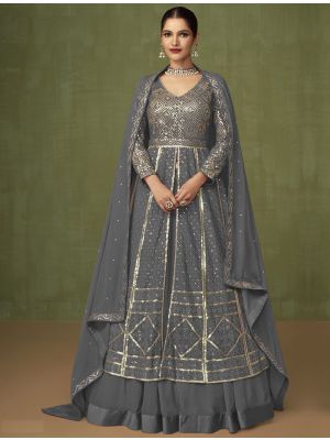 Grey Georgette Anarkali Suit With Thread And Sequin small FABSL21450