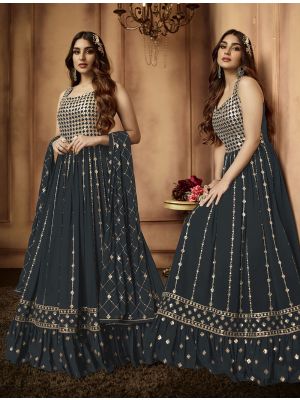 Grey Georgette Embroidered Party Wear Anarkali Suit small FABSL21420