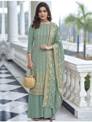 Ice Green Georgette Embroidered Palazzo Suit small FABSL21402