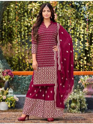 Maroon Georgette Embroidered Palazzo Suit small FABSL21397