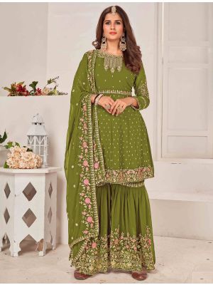 Mehendi Green Georgette Sharara Suit With Multi Thread Work small FABSL21441