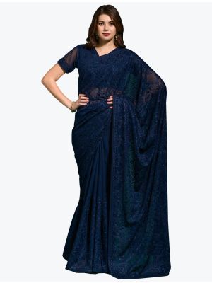 Navy Blue Blooming Georgette Embroidered Saree FABSA21981