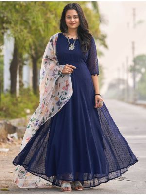 navy blue faux georgette readymade gown with dupatta fabgo20183