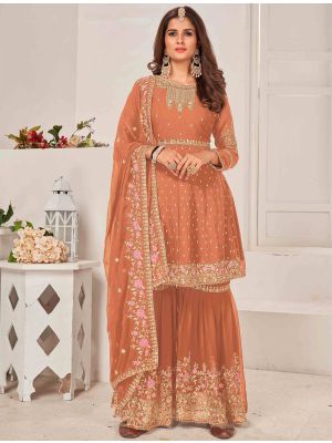 Peach Brown Georgette Sharara Suit With Multi Thread Work small FABSL21445