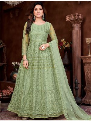 Pista Green Net Anarkali Suit With Embroidery Work small FABSL21410