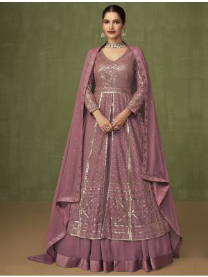 Rose Pink Georgette Anarkali Suit With Thread And Sequin small FABSL21446