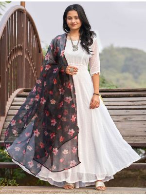 white faux georgette readymade gown with dupatta fabgo20185