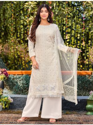White Georgette Embroidered Palazzo Suit small FABSL21398