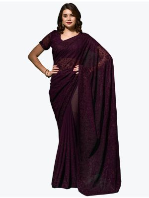 Wine Blooming Georgette Embroidered Saree