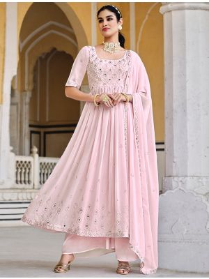 Baby Pink Georgette Palazzo Suit With Mirror Embroidery FABSL21482