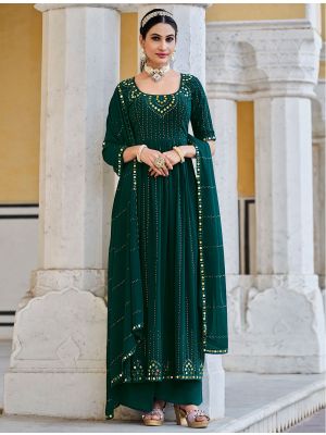 Dark Green Georgette Palazzo Suit With Mirror Embroidery small FABSL21481