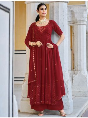 Dark Red Georgette Palazzo Suit With Mirror Embroidery small FABSL21483